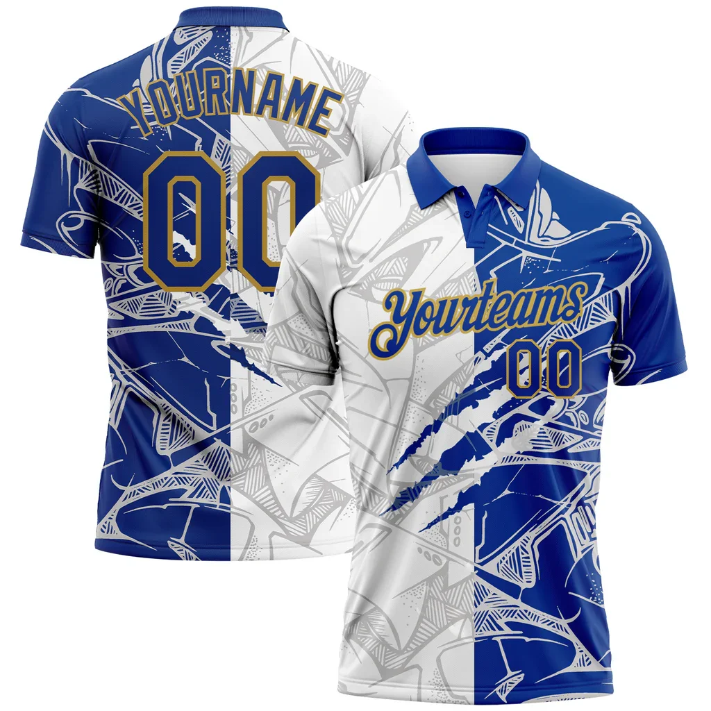 High Quality 100% Polyester Sports  Polo T Shirts Custom Graffiti Pattern Blue White Gold 3D Scratch Sublimation Golf Polo Shirt