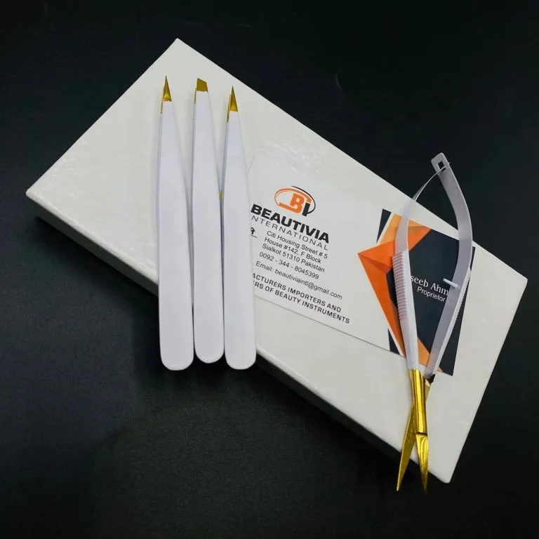 White Powder Coated Gold Tip Brow Tweezer Solid Slanted Stainless Steel Eyebrow Tweezers With Spring Scissor