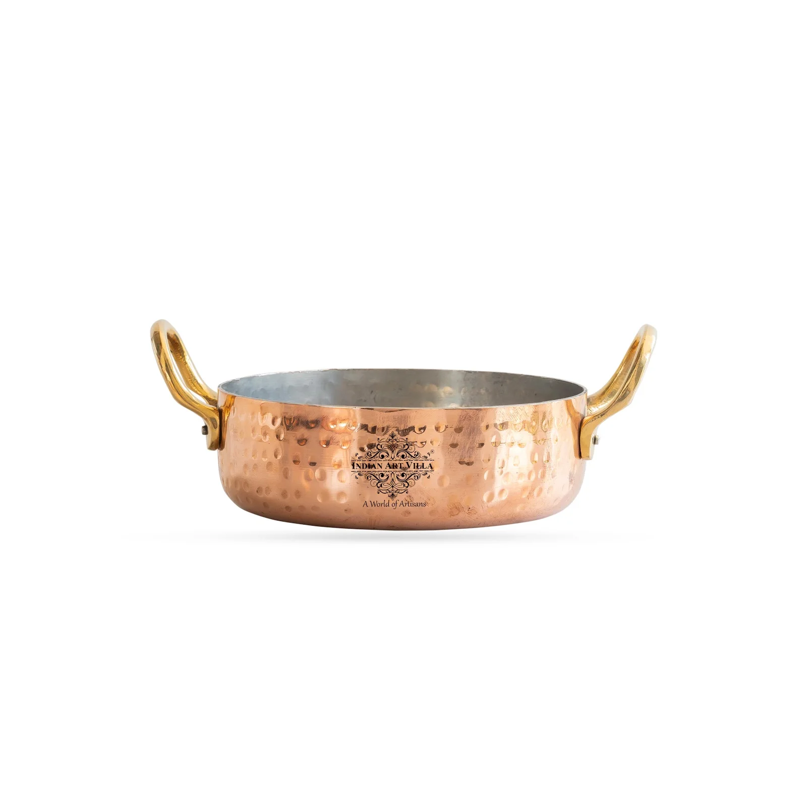 IndianArtVilla Copper Round Dish Double Brass Handle Pan With Tin Lining, 4.4 Inch for Cooking and Serving