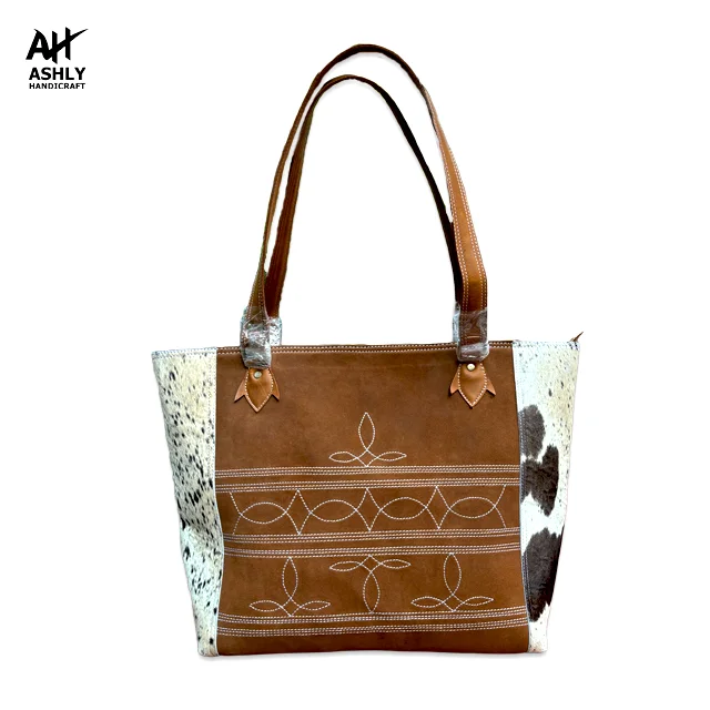 Cowhide Leather Handbag Large Tote Purse Bag Shoulder Bag e Brown and White Leather Hair on Bag Gift for Her