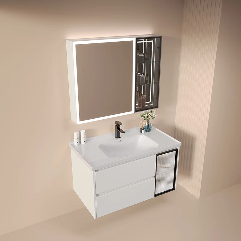Bathroom White Bathroom Cabinet Set Smart Mirror Cabinet With Light Wall Mounted Ceramic One Piece Washbasin