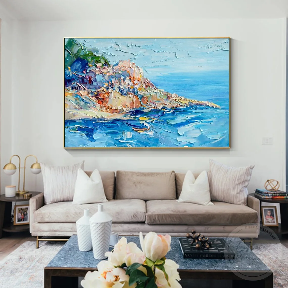 Seascape Knife Heavy Texture Painting Oil Painting Blue Sky Ocean Framed Wall Art