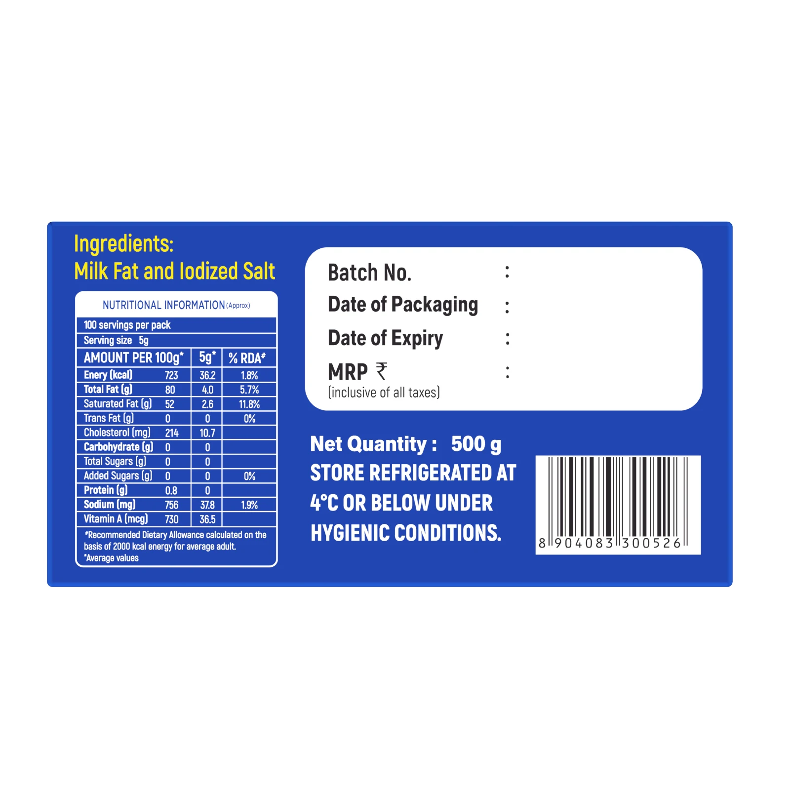 Table Butter 500gm Salted butter Made from Fresh Milk Premium Quality Indian Origin Product