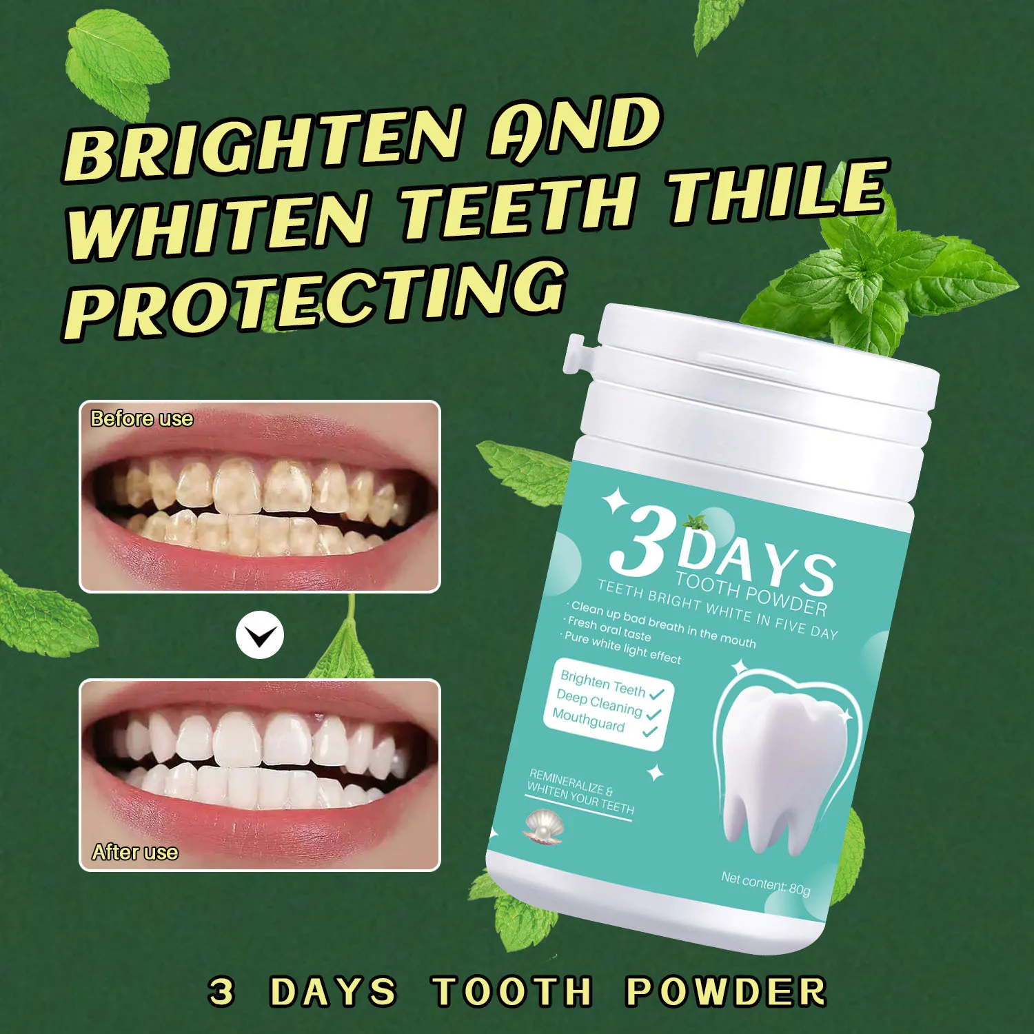 3 Days DIY Natural Herbal Mineral Mint Active Black Charcoal Tooth Teeth Whitening Powder
