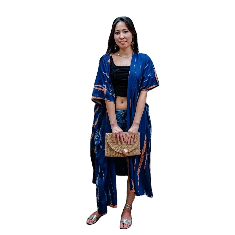 Cheap Wholesale Clothing Factory Oem Tie Dye Kimonos Long Length for Women Beach Wear Cover Blue Boho Style Beach Dress