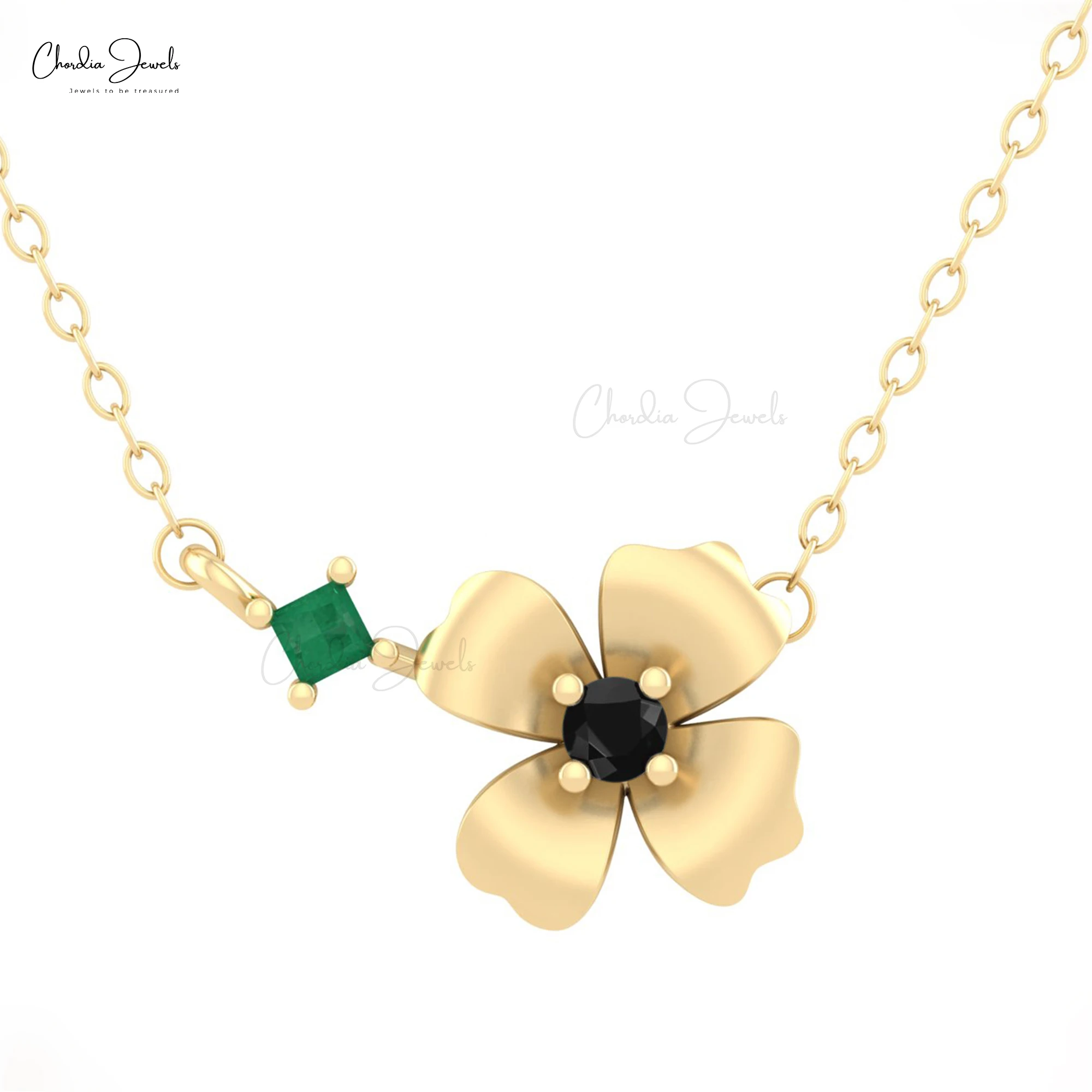 Trending Floral Necklace Real 14k Gold Pendant Necklace 0.05 Ct Square Emerald and Black Diamond Jewelry with Premium Packaging
