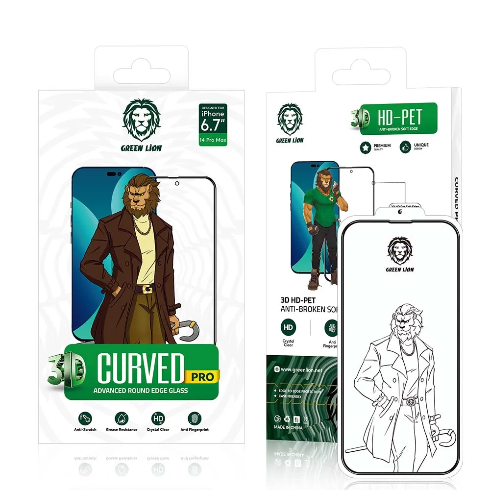 14 PRO Trending NEW Green Lion 3D Curved Tempered Glass for 14 PRO mobile clear cover for 14 PRO Crystal Clear anti Broken
