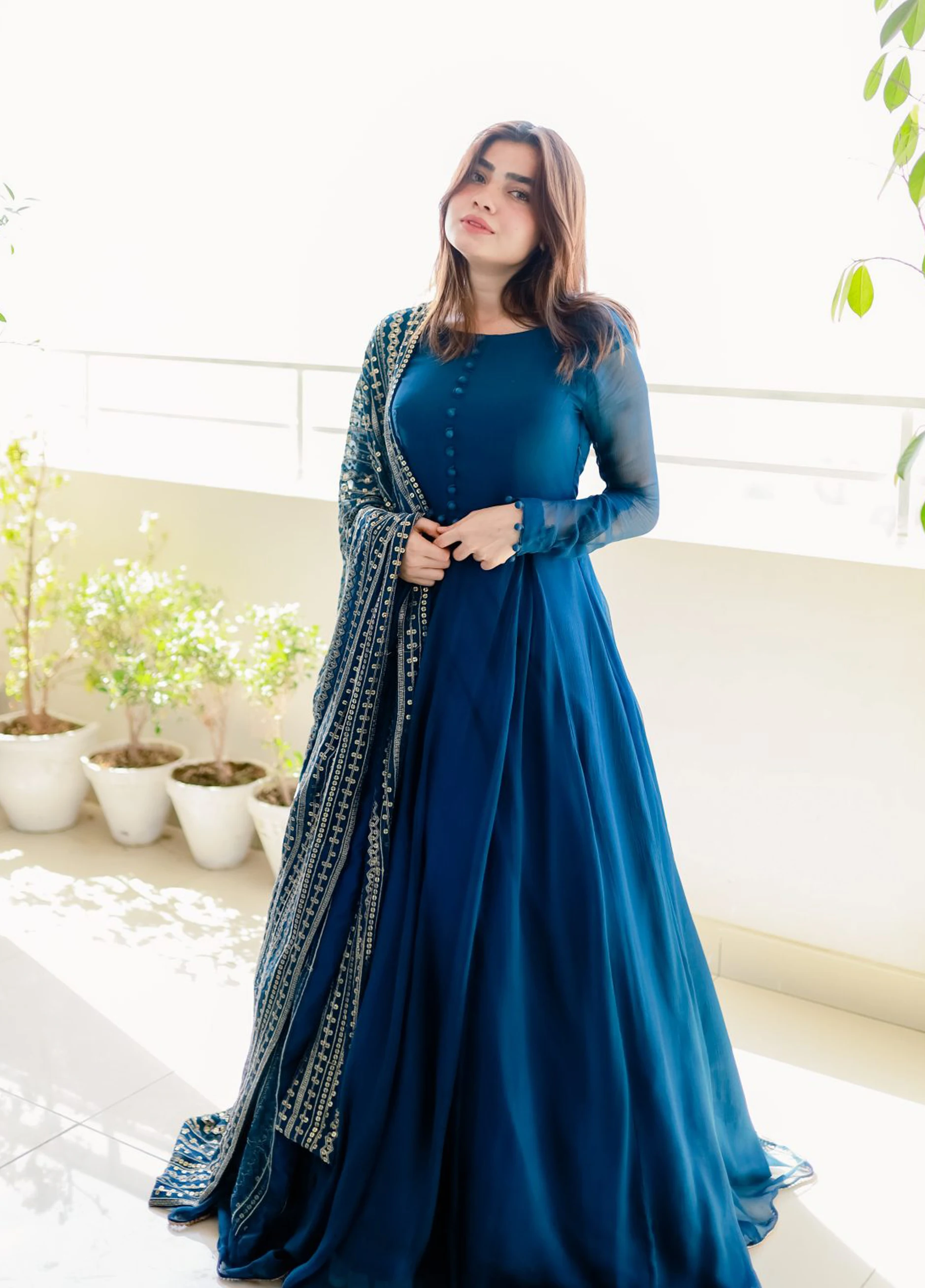Readymade Anarkali Gown & Dupatta Set, Blue Faux Georgette With Embroidery Work Full Stitching Party Outfit for Women