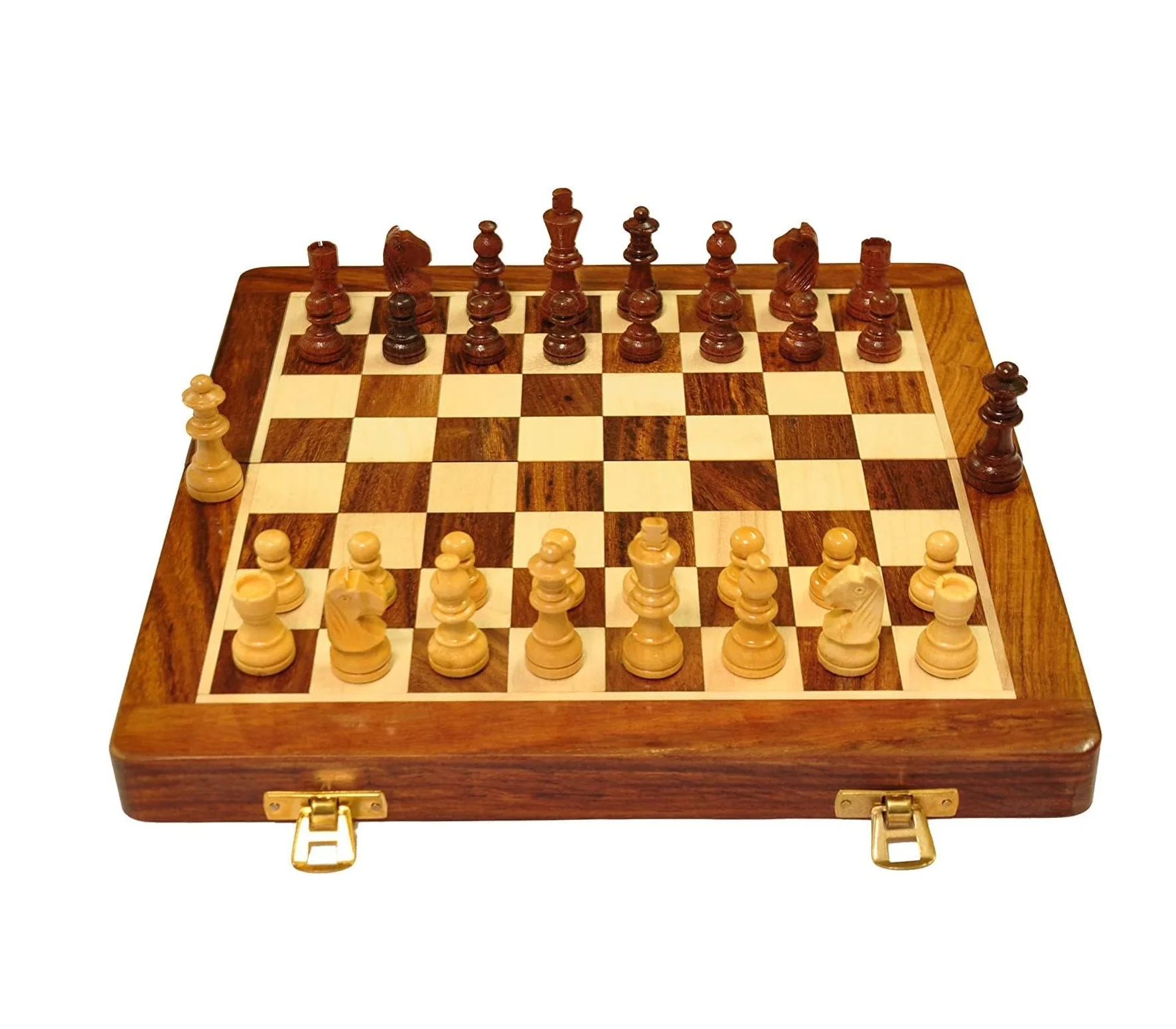 Folding Wooden Chess Set Portable Travel Game with Storage Slots 2 Extra Queens  Perfect for Kids & Adults
