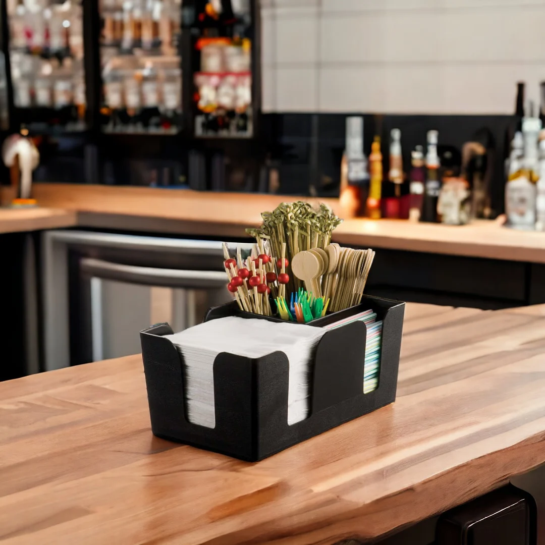 Black Plastic Bar Caddy Organizer With 6 Compartments Durable Accessories for Napkins Straws Stirrers Storage Box Home Supplies