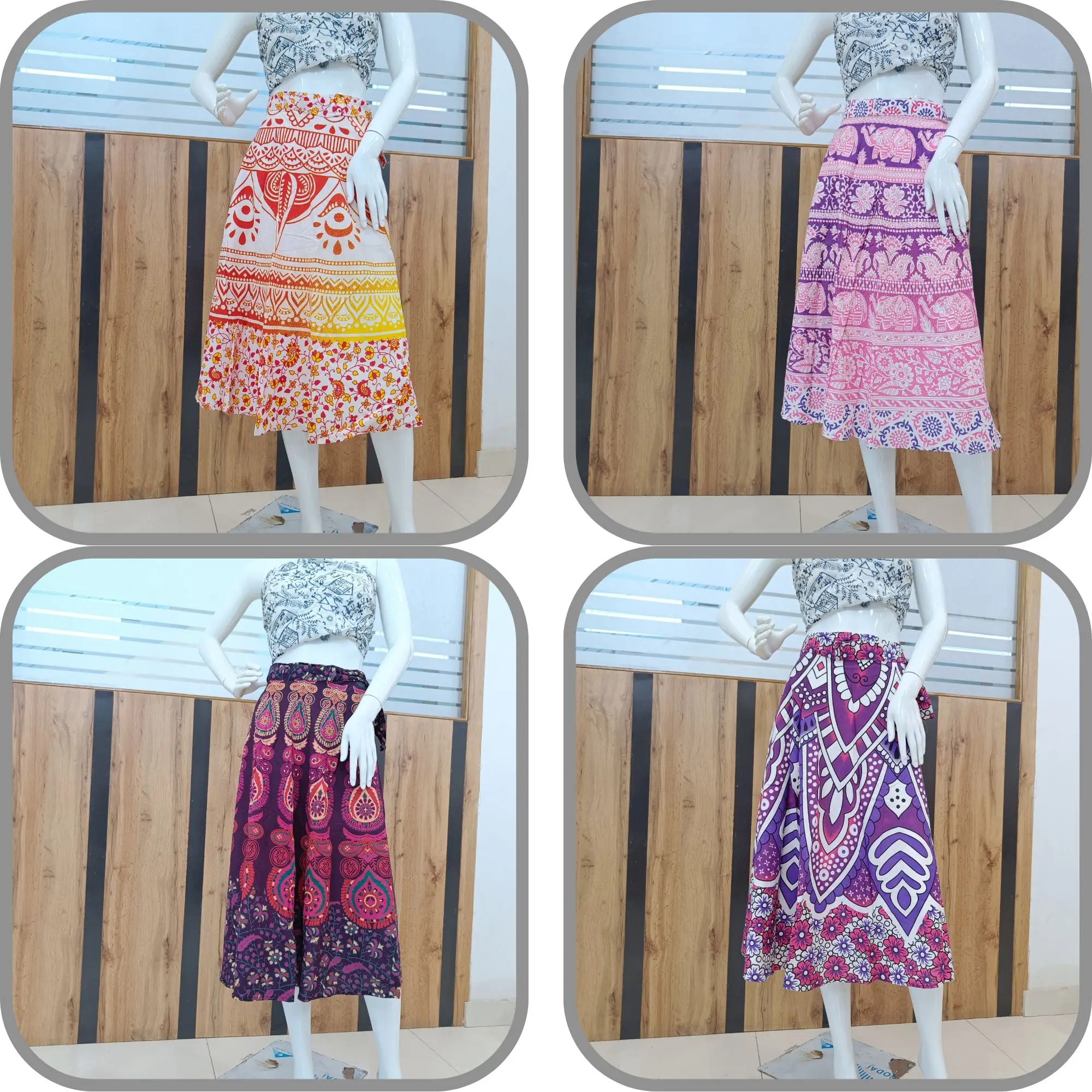 Indian Cotton Wrap Skirts Bohemian Wrap Indian Ethnic Knee Length Skirt Gypsy Festival Flamenco Women Girls Casual Wear  Skirt