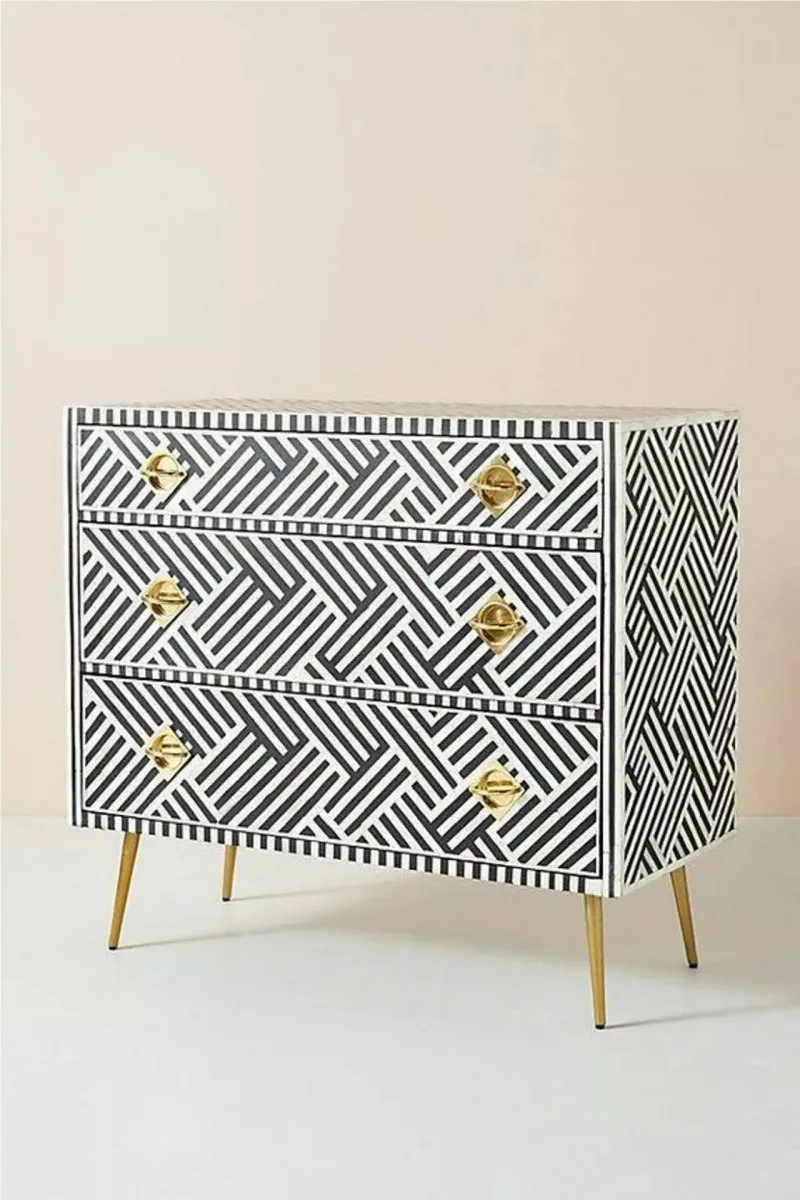 Beautifully Handcrafted Antique Bone Inlay Chest of 3 Drawers Bedroom Dresser Living Room Storage Vintage
