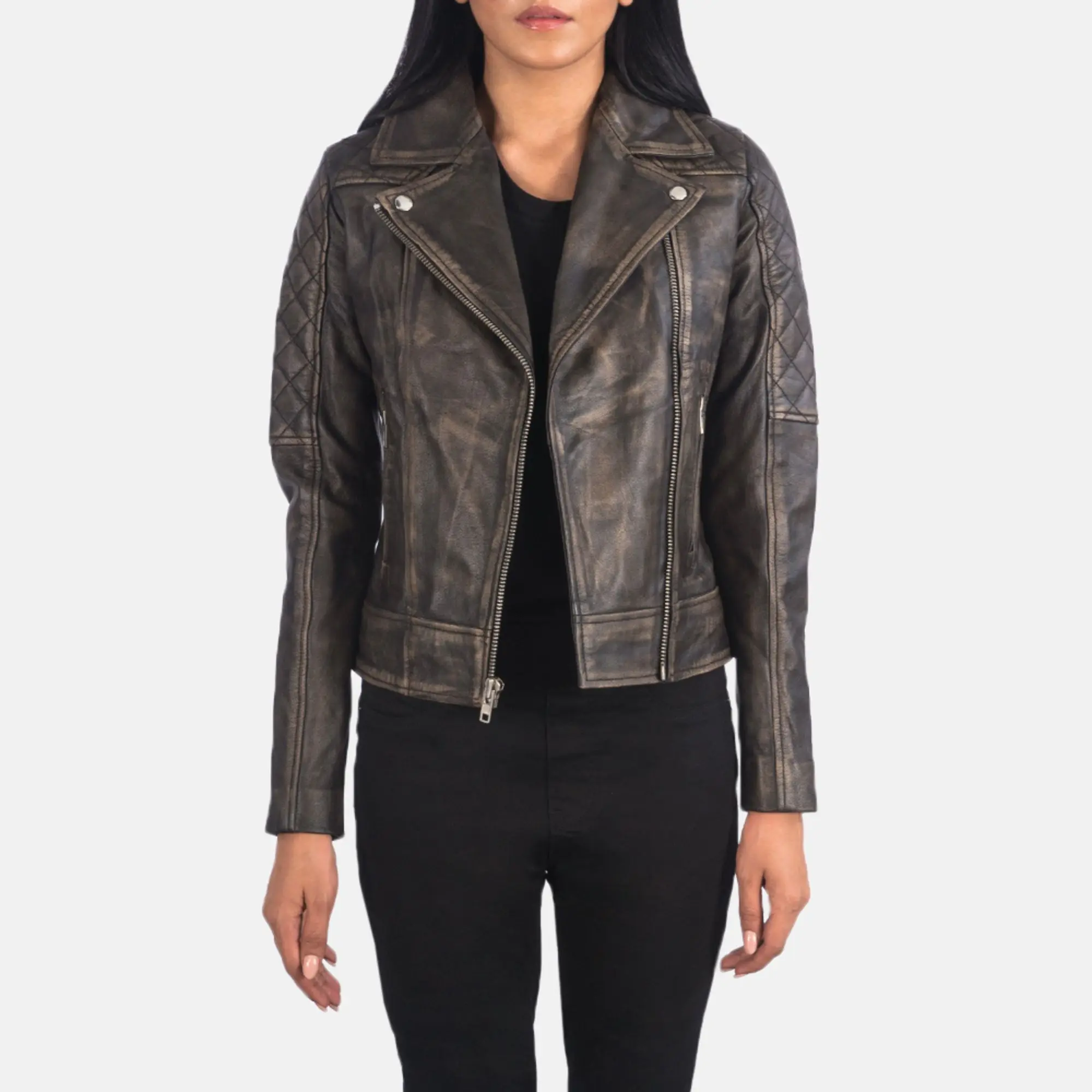 Real Leather Sheepskin Aniline Zipper Carolyn Quilted Distressed Brown Women Biker Jacket with Quilted Viscose Lining and Inside