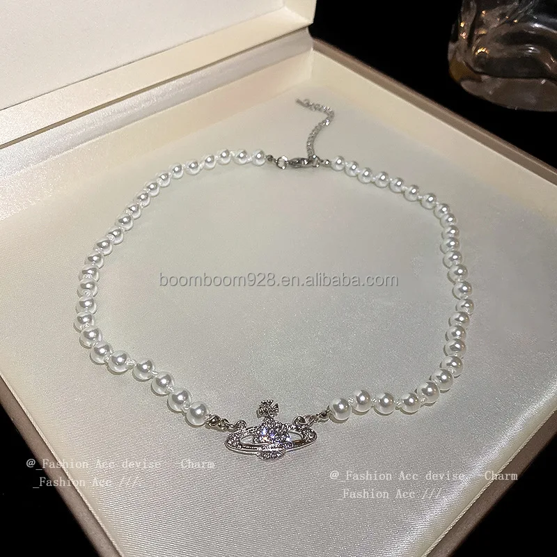 Premium sense necklace French vintage fashion temperament clavicle chain with diamonds Saturn pearl necklace pendant