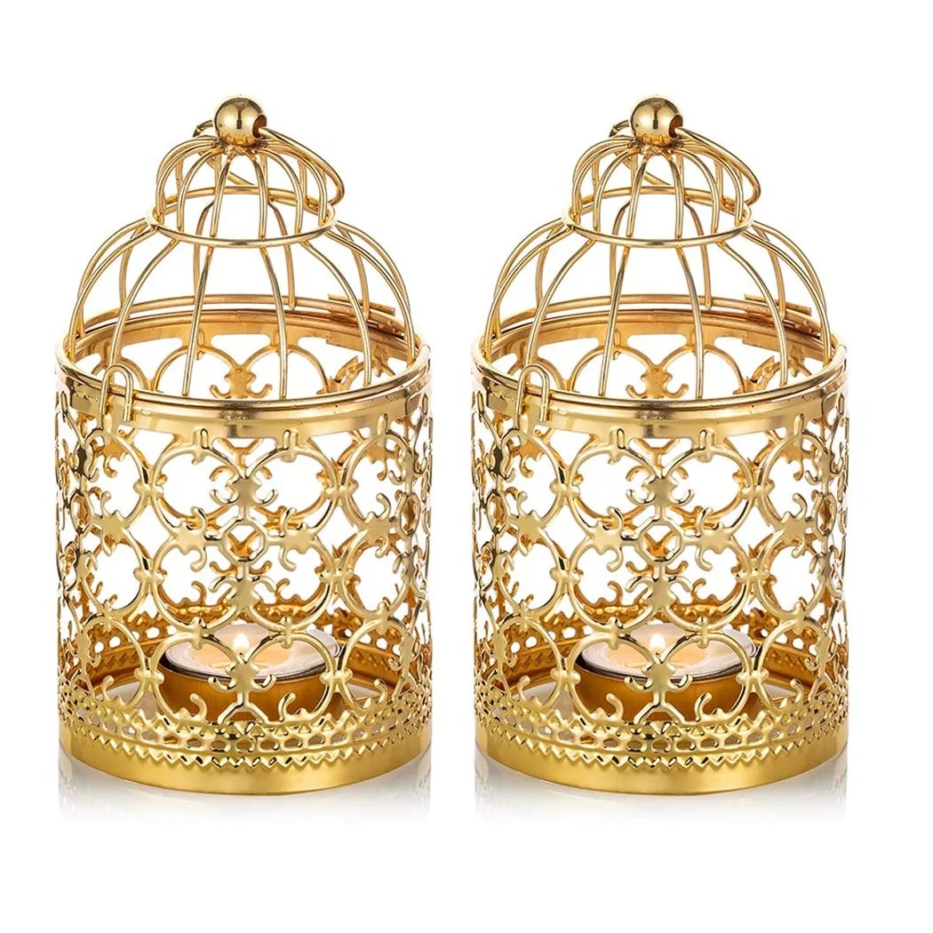 Uniquely Designed 2 Pcs Small Metal Tealight Hanging Birdcage Lantern Vintage Decorative Centerpieces of Wedding Party Gold