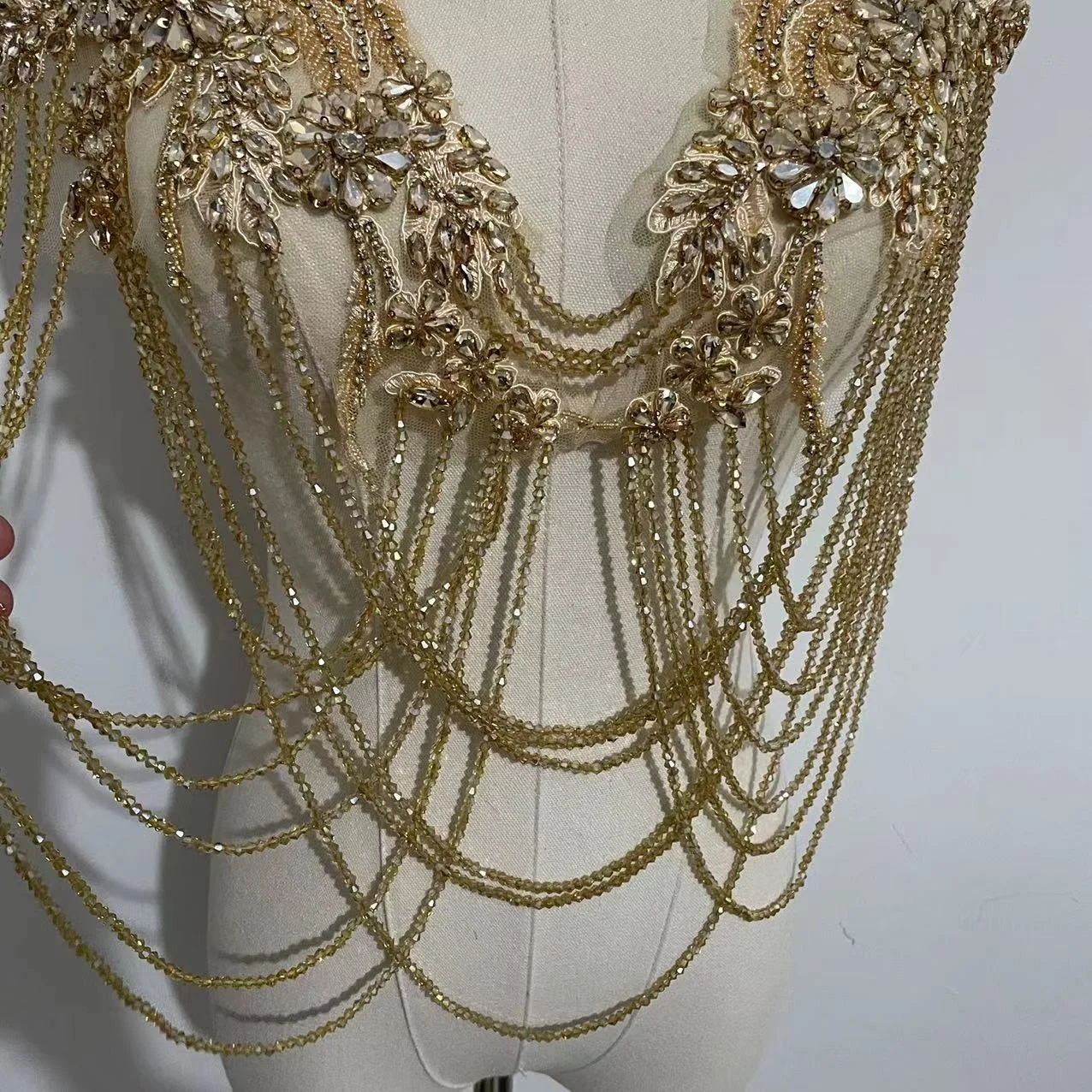 Exquisite Gold Rhinestone Big Bodice Applique, Front/ back V collar body covered encrusted crystal beaded lace patches