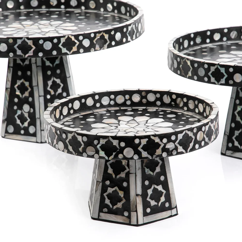 Luxury design handcrafted Mother of pearl inlay cake stand for Eid Ramadan party decor food tray with stand made in Vietnam
