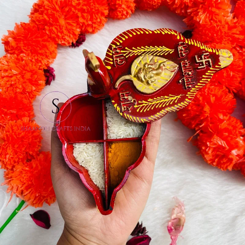 Handcrafted Wooden Tika Chopra in Peacock Shape With Meenakari Work Kumkum Box With 4 Section for Roli and Kumkum and Chandan