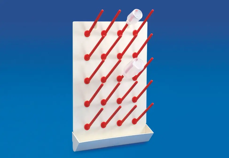 Acrylopitrile Butadiene Styrene/Polycarbonate Draining Rack provides an option for post wash draining of tubes & bottles.