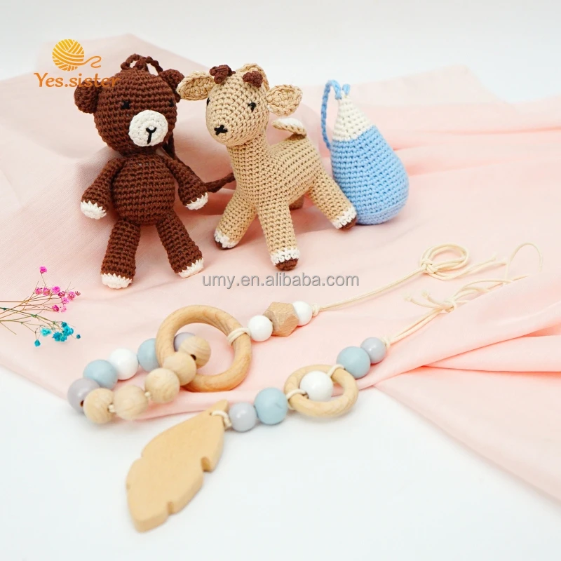 Amigurumi Crochet Pram Dolls Baby Stroller Hanging Rattle Teething Car Seat Toys Handmade Stuffed Animals For Infants Baby Gym