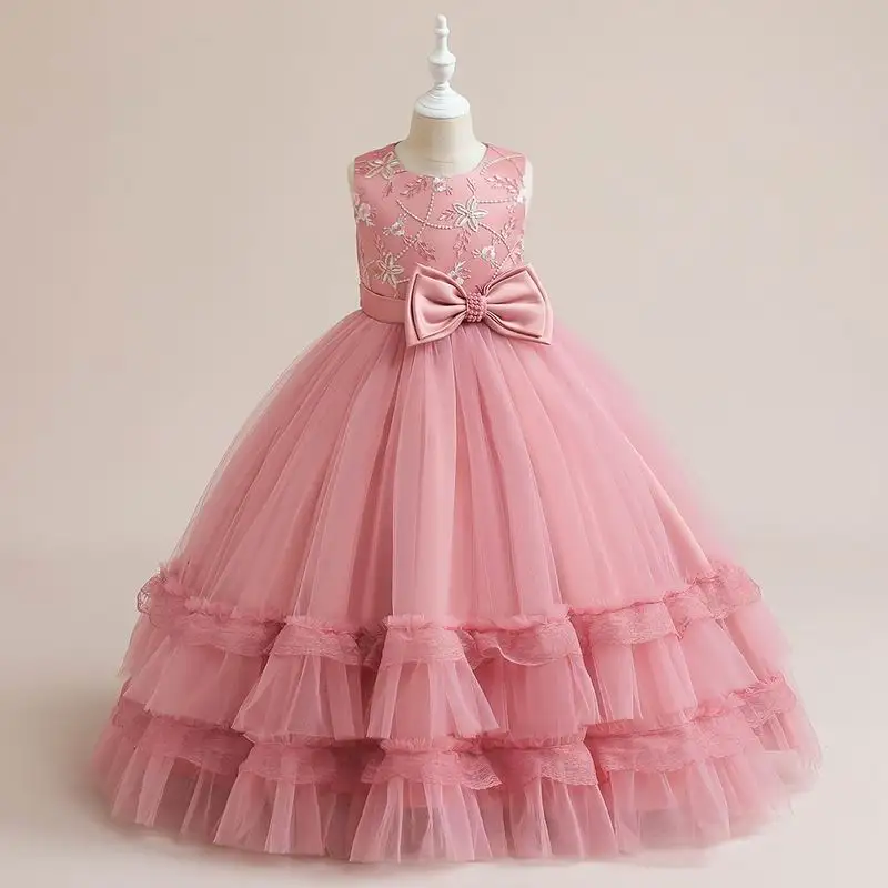 Wholesale Kids Long Gowns Baby Party Satin Flower Dress Wedding Birthday Dresses princess dress