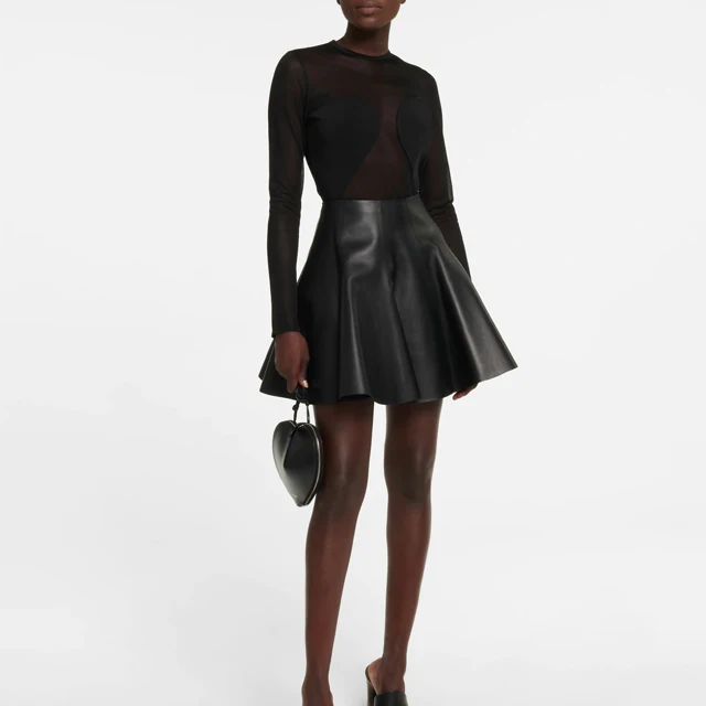 Spring Autumn Women Black 100% Leather  Cotton Skirts High Waist Club Line Solid Color Mini Skirts Plus Size Leather Skirt
