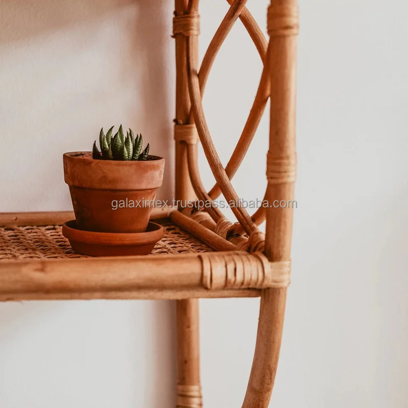 Handmade Wood Floating Wall Mounted Rattan Cane Shelf Hot New Home Decoration for Bathroom Storage with Wicker Rattan