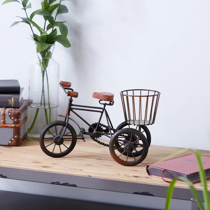 Handcrafted Modern Minimalist Abstract Design Antique Vintage Bicycle With Bucket Handmade Metal Home Decor Accent Sculpture