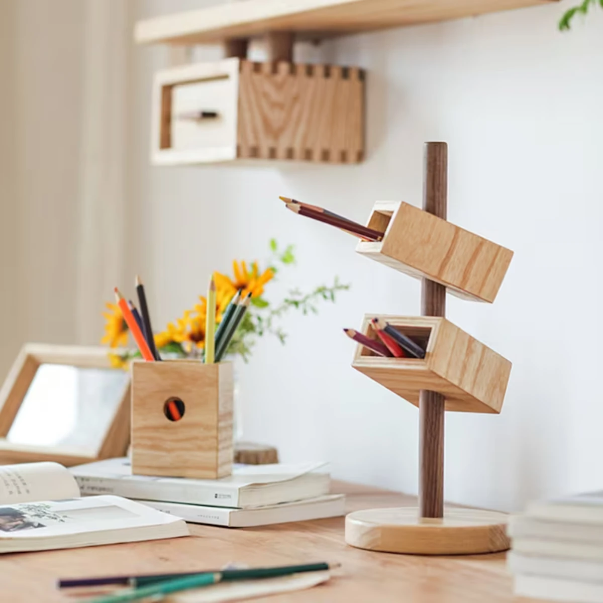 Wooden 3-Tier Pen and Pencil Holder Elegant Desk Organizer Durable Wood Tabletop Storage Ideal for Home Office Pencils