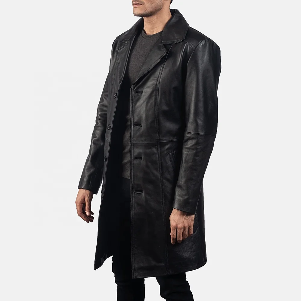 New Long Jet Black Leather Coats Fully customized With Front Style Double-breasted Buttons Belt Collar Style Shirt Center Back V