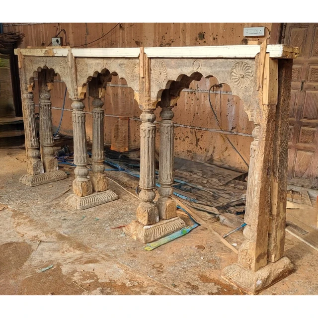 Antique Wood Carved Triple Arch Garden Arches Pergola Gazebo Arbour Frame Pressure Treated Nature Element for Outdoor Decor