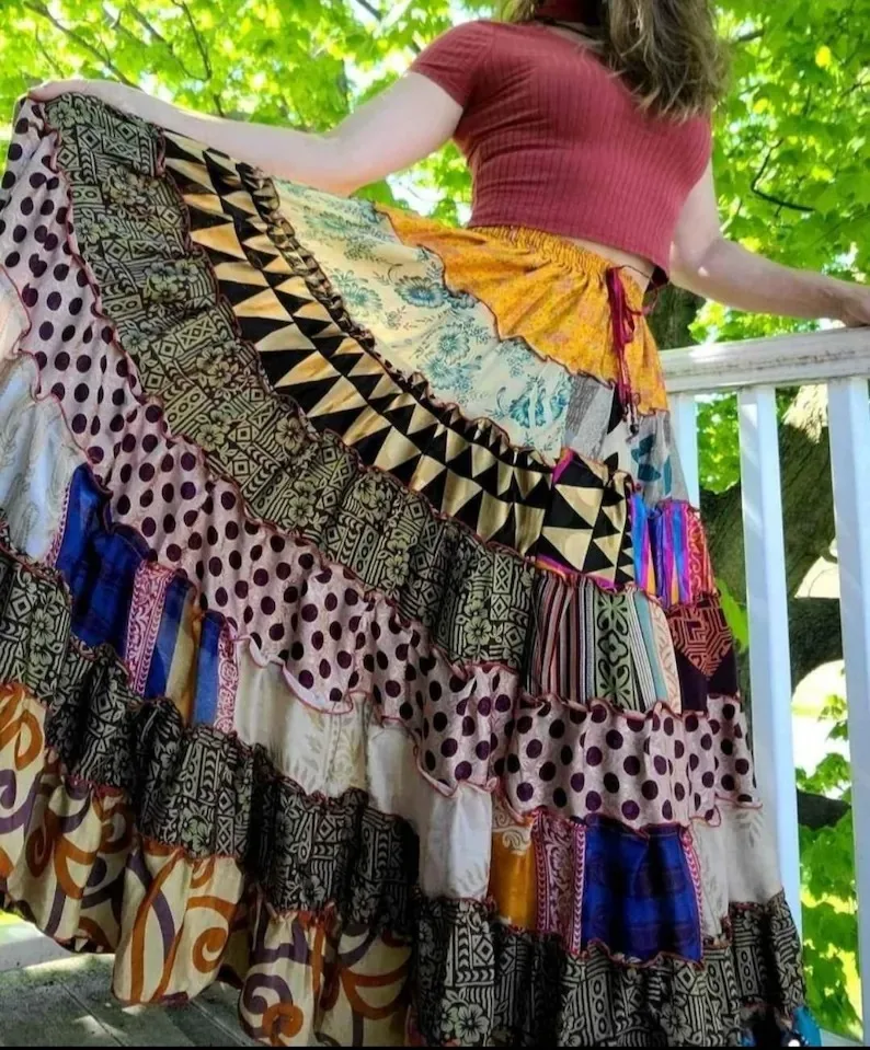 Boho Gypsy Hippie Patchwork Maxi Skirt One Size S to 2X Super High Quality Silk Wide Leg Palazo Pant