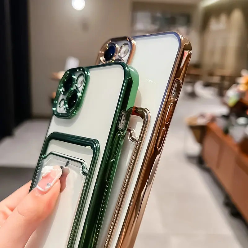 Electroplated Transparent Card Holder Phone Case For iPhone 13 11 12 14 Pro Max 14 Plus Photo Pocket Shockproof TPU Cover