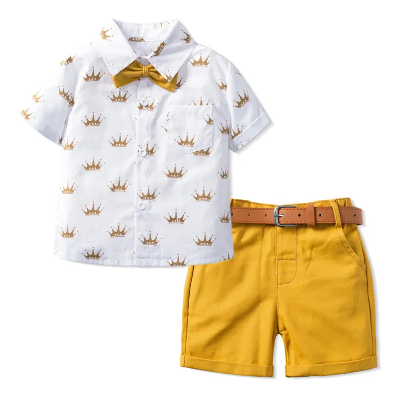 New Baby Boy Clothing Set Children Formal Suit Clothes 4pcs Crown Print Shirt Solid Shorts Kids Gentleman Set Bowtie