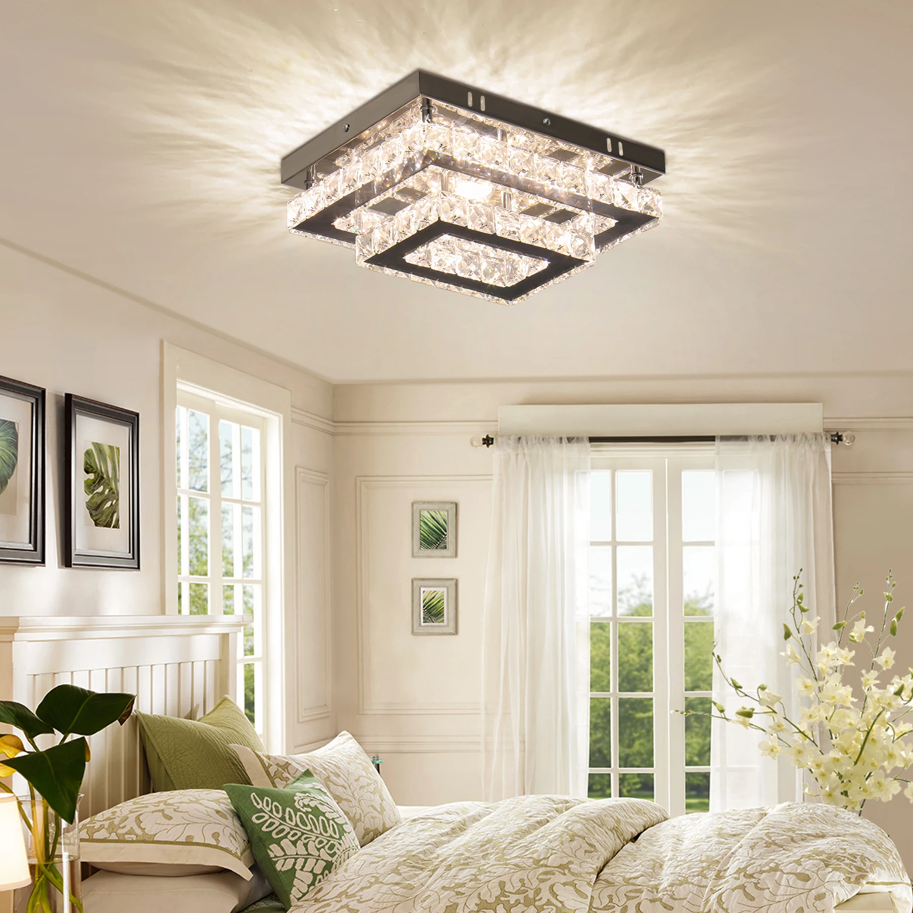 Dimmable Rectangular LED Crystal Ceiling Light  Double Layer Flush Mount Chandelier lamp Fixtures for Living Room Dining Room