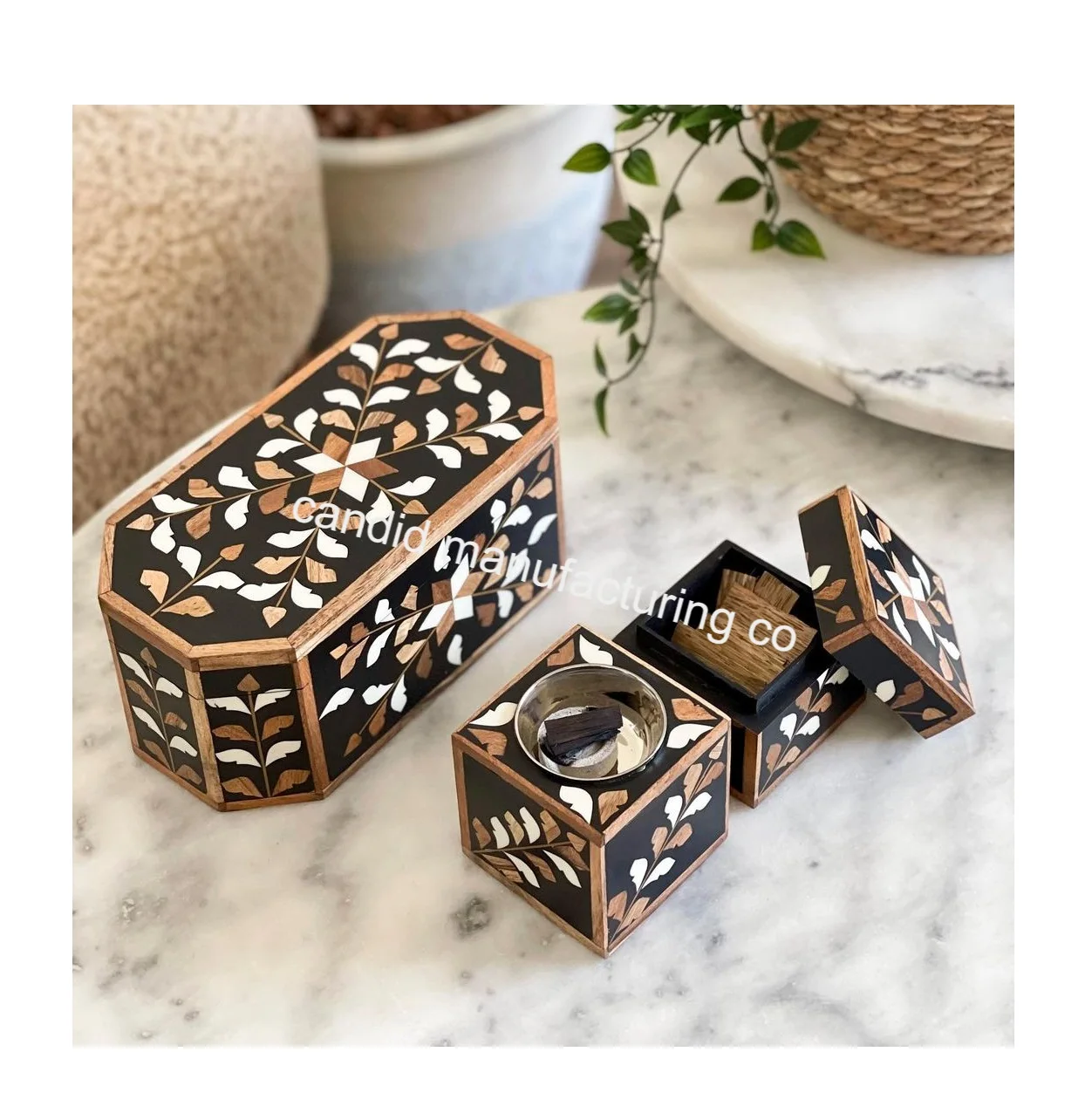 Ready to ship box set of  Wood Inlay Incense Burner Full Set Bakhoor Burner With Box At Very Cheap Price MOTHER OF PEARL
