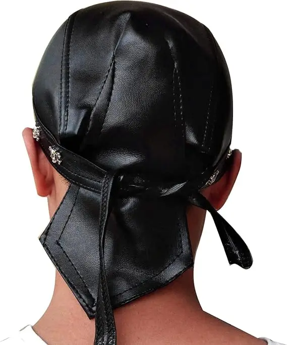 Faux Leather Biker Skull Cap Motorcycle Bandana Head Wrap Du Doo Do Rag Black Hat