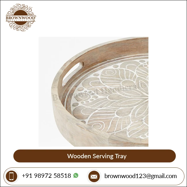 Excellent Quality White Wash Color Round Shape Decorative Hand Carved Mango Wood Serving Tray By Indian Manufacturer & Exporter