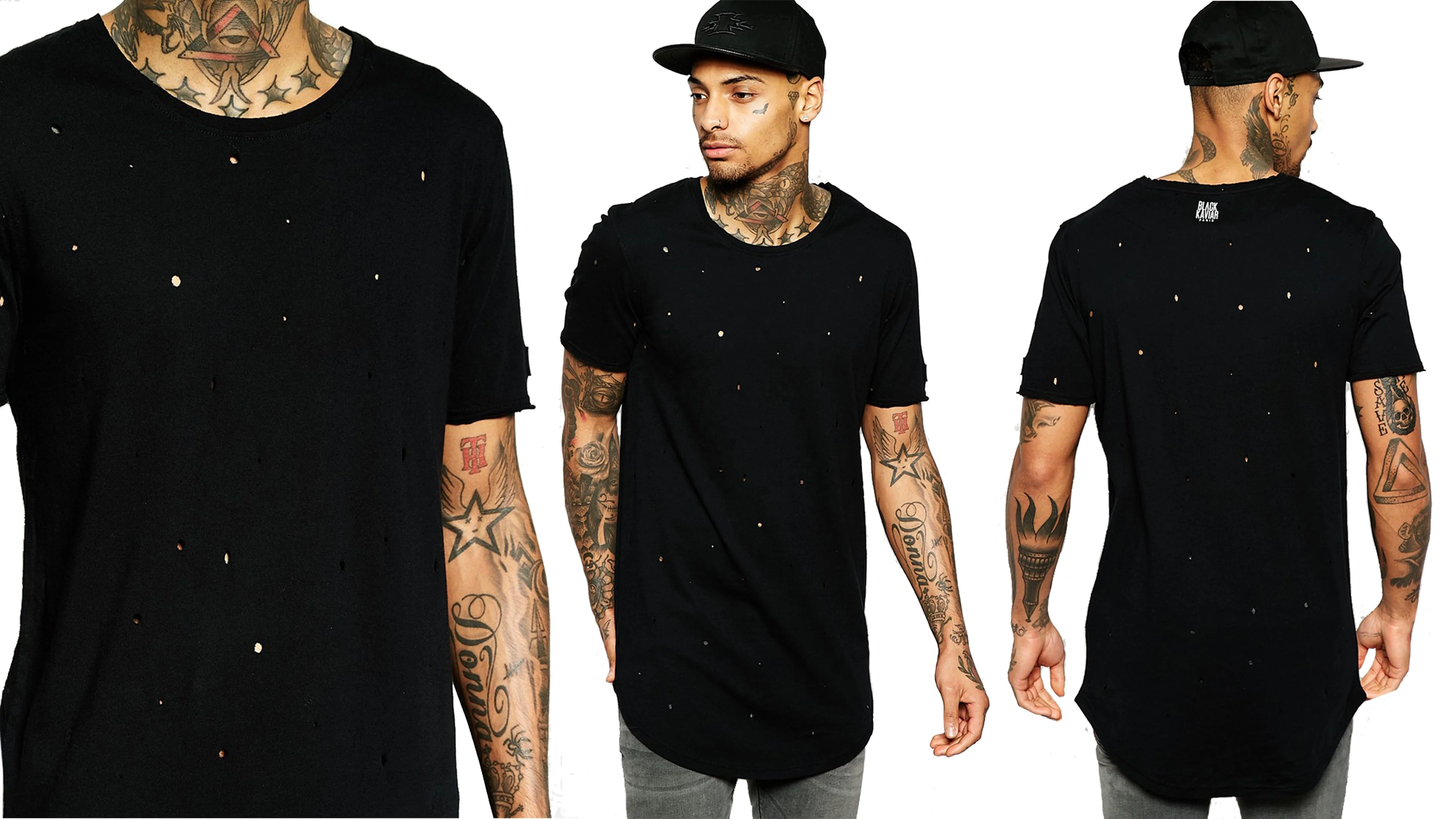 Customized regular fit baseball collar zip placket curved hem long line men t shirt with distressing embroidered tee