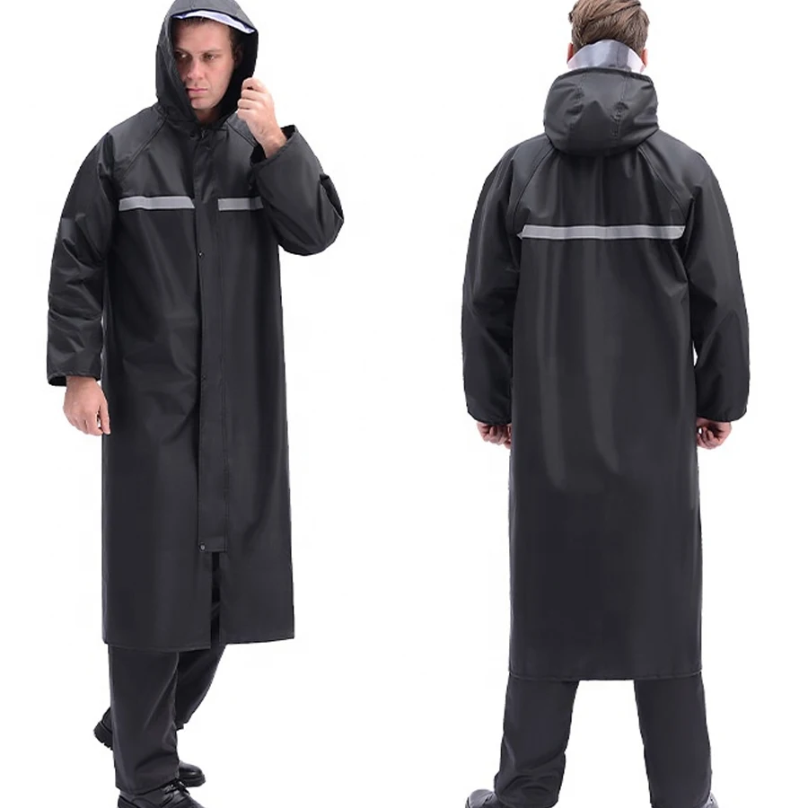 Men Black Long Rain Jacket Waterproof Raincoat Outdoor Trench Jacket Hooded Safety Long Rain Coat Breathable Raincoat