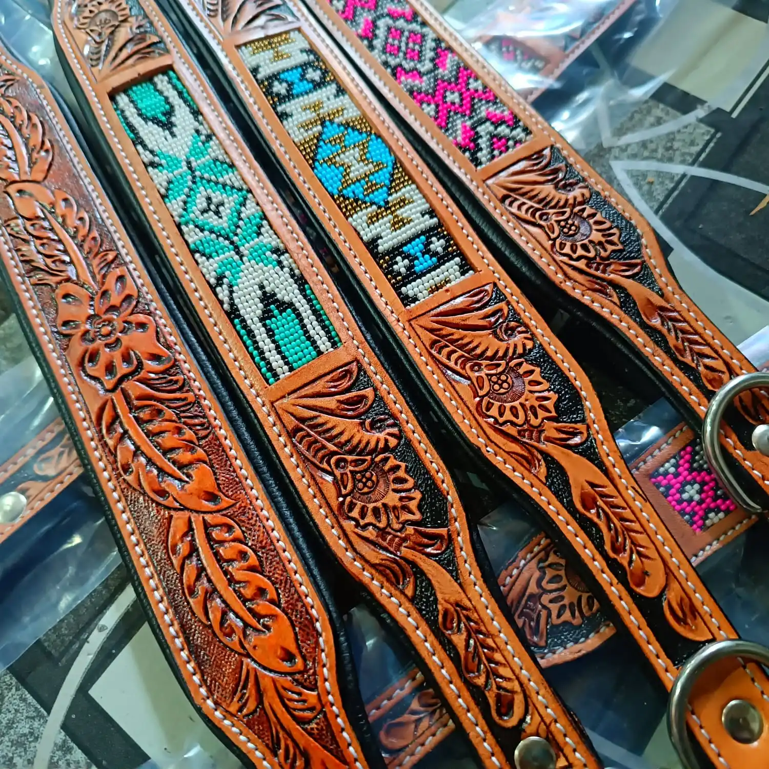 Top Trendy Latest Design Premium Quality Fancy Leather Dog Collar With Hand Carving And Bead Work Supplier Wholesale Manufacture