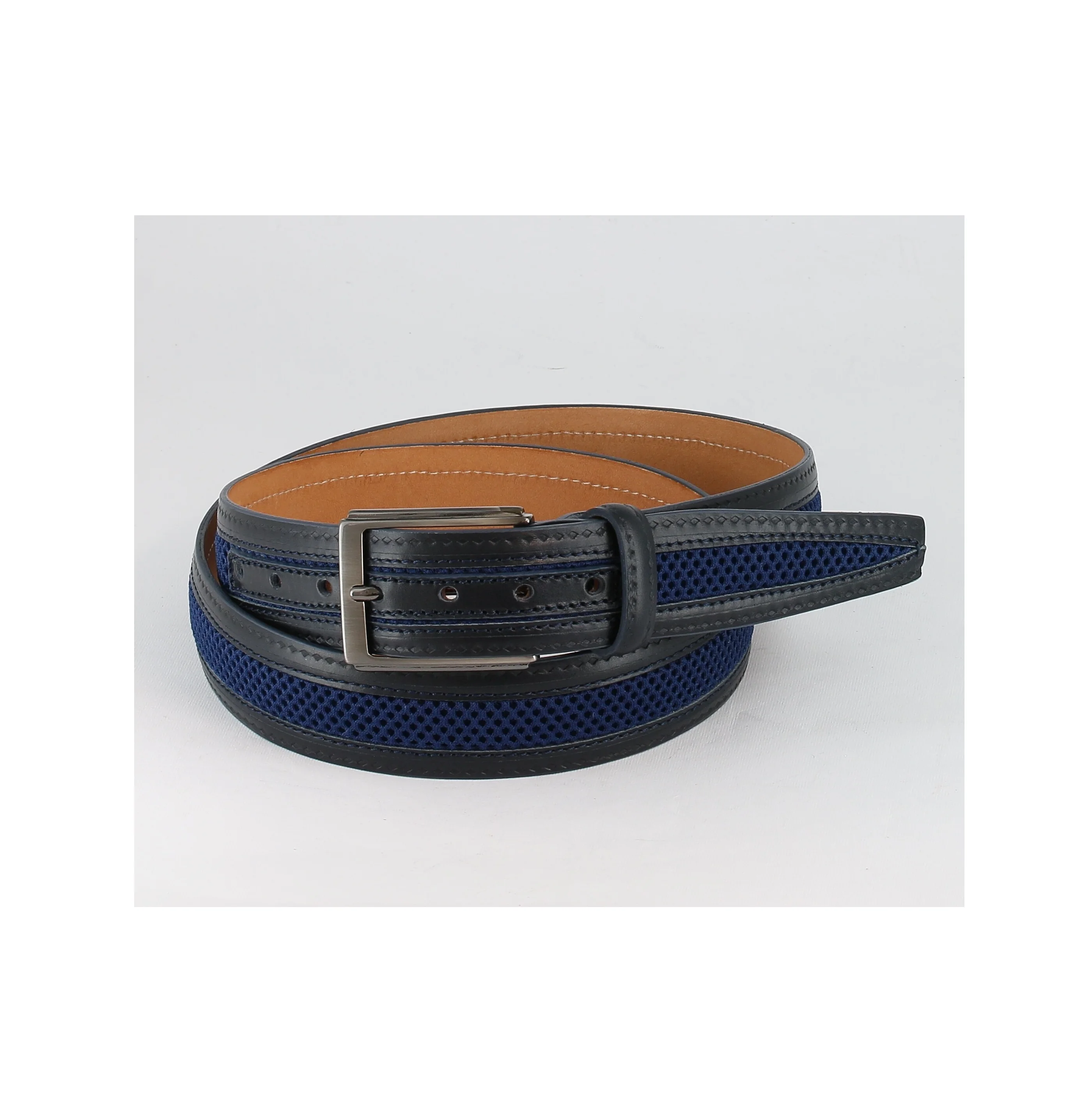 GENUINE CALFSKIN LEATHER HANDMADE IN ITALY TOP QUALITY ITALIAN PRODUCTION MEN BELT WITH FABRIC INSERT IN 100% RECYCLED POLYESTER