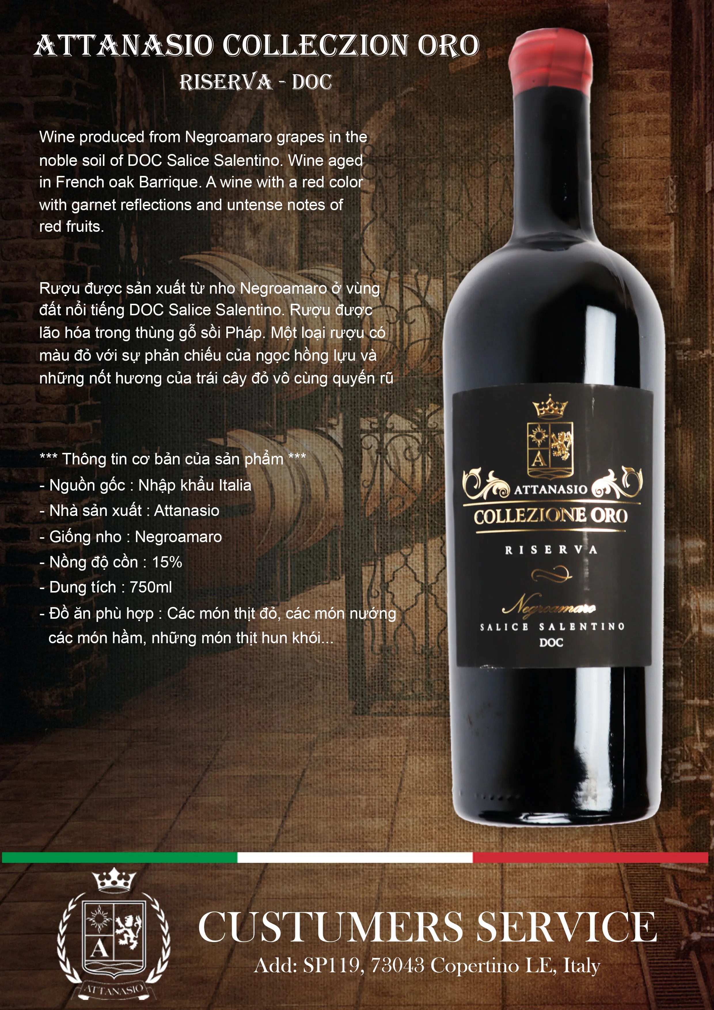 Bottle weight origin dry good shelf content packing wine store Attanasio Colleczion Oro Riserva - DOC from Italy