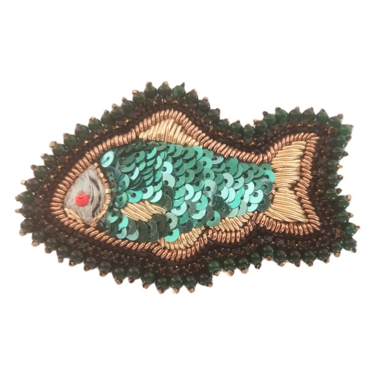 Custom Size Bullion Kora Thread Embroidered Handmade Sequins Miyuki Beads Made Fish Brooch at Reasonable Price