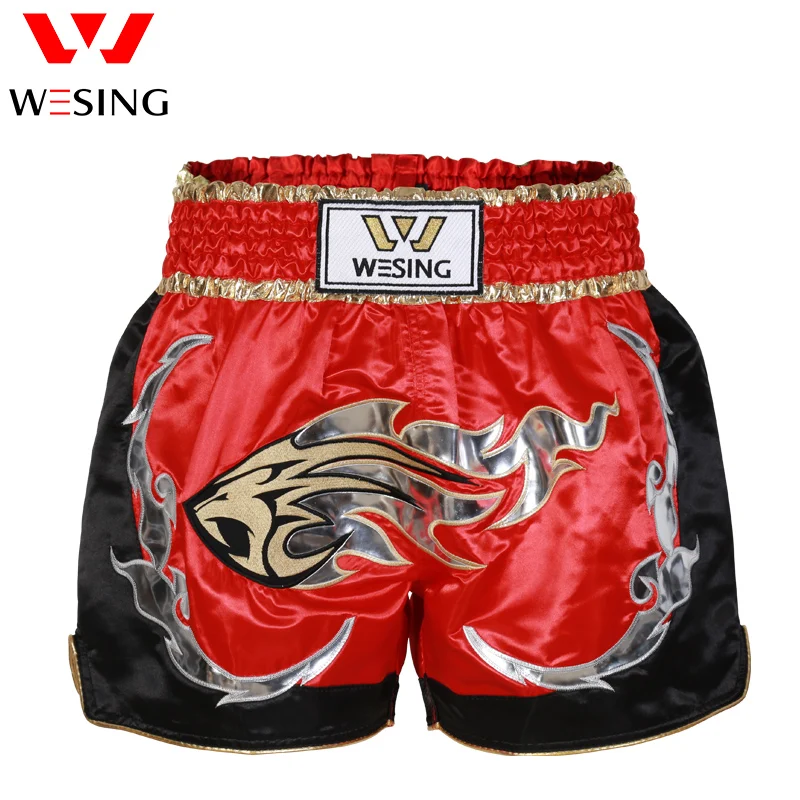 Wesing High Quality Embroidery Muay Thai Shorts Black Fabric Wholesale Muay Thai Boxing Shorts