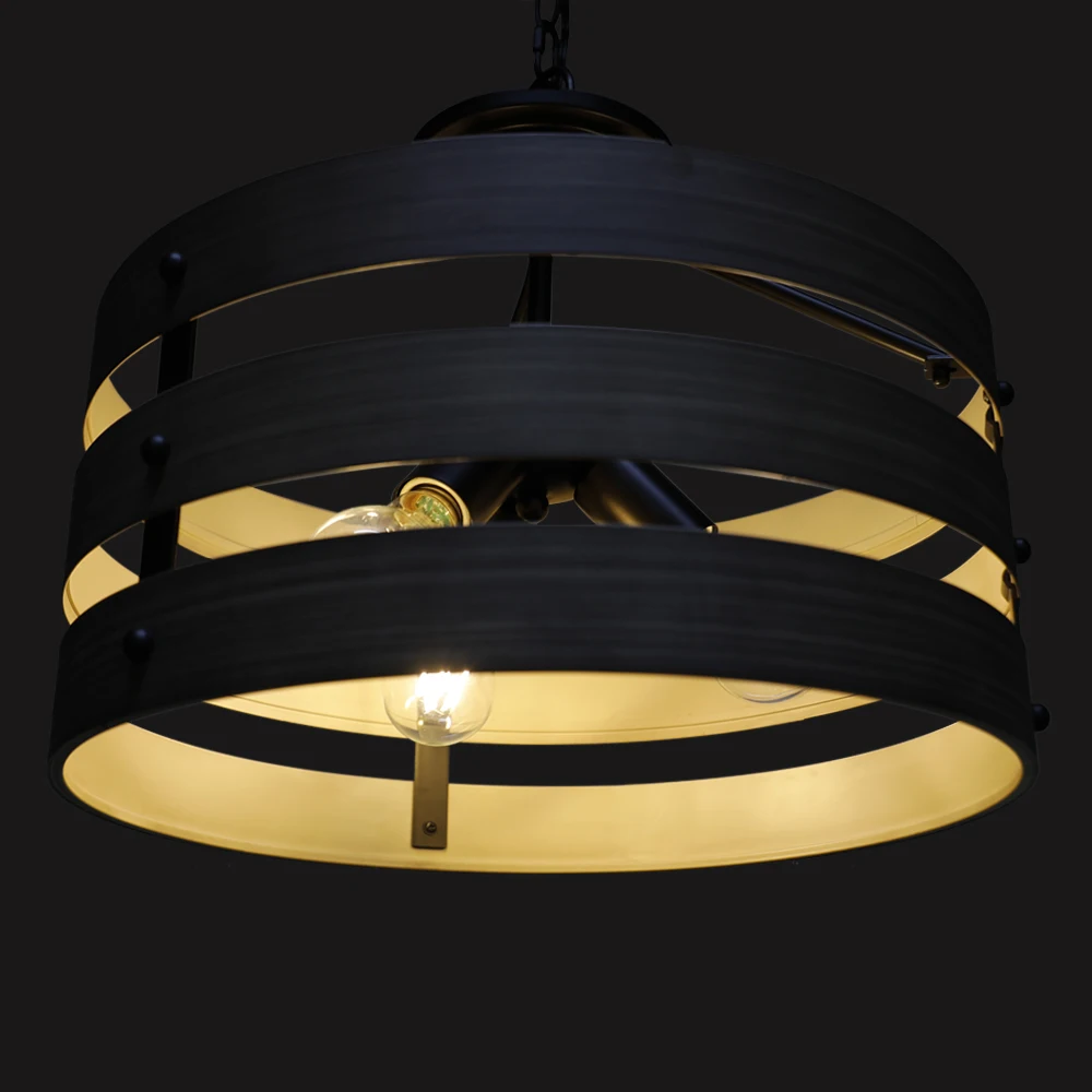 Farmhouse Wood Drum Cage Pendant Light Antique 3-Light Hanging Chandelier Fixture For Living Dining Room Kitchen