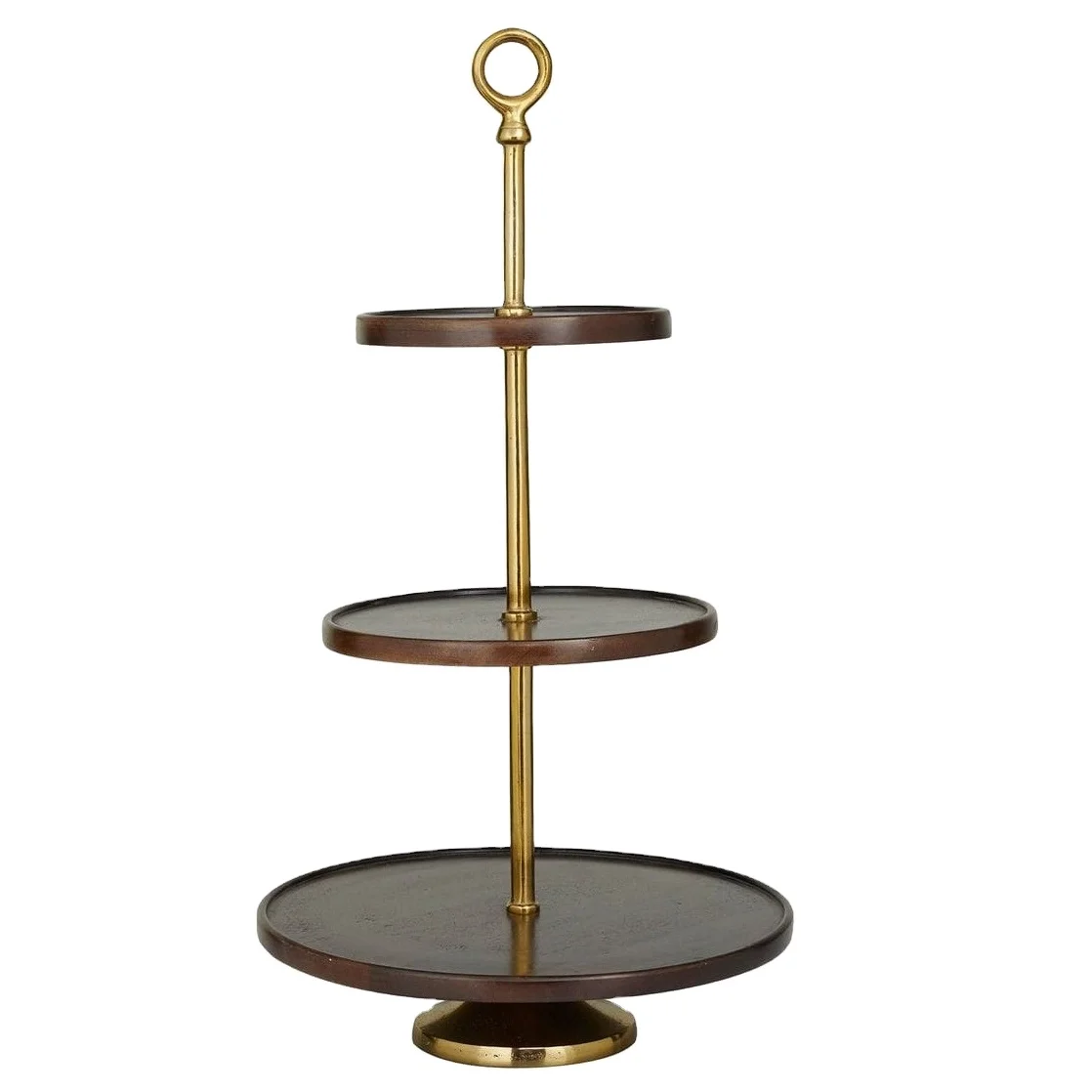 Most Sustainable 3-Tier Wall Nut Wood Plate Cups Cake Metal Iron Stand Dark Brown Gold round Shape for Tea Parties
