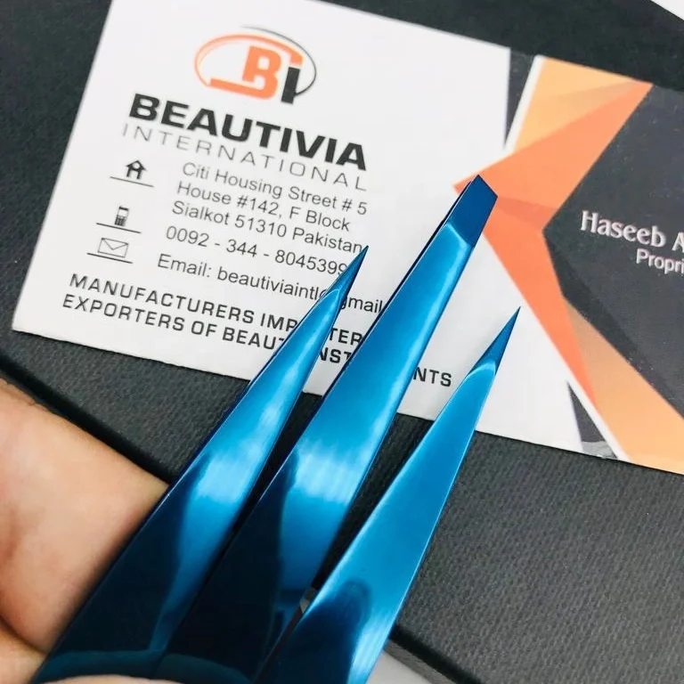 Brow Tweezer Blue Plasma Cosmetic Tweezers Wholesale Stainless Steel Slanted Pointed Eyebrow Tweezers Scissors set