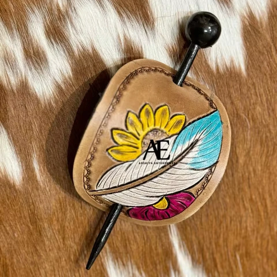Real Handmade Carved Leather Vintage Hair Stick High Quality Tooled Leather Women Barrette Clips Multicolor Floral Hair Stick