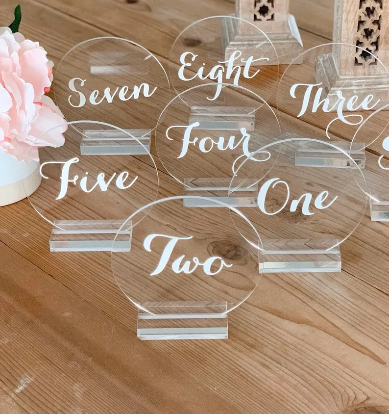 Clear Acrylic Wedding Number Sign with Stand Holder Round Shaped Modern Acrylic Seat Signs Circle Shape Decoration Number Holder